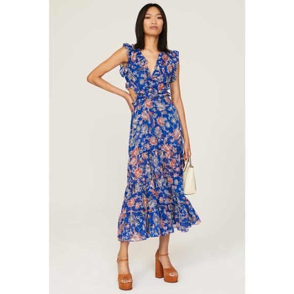 MISA Las Angeles Blue Floral Natasha Cutout Ruffled Midi Dress Size Medium - Picture 1 of 15